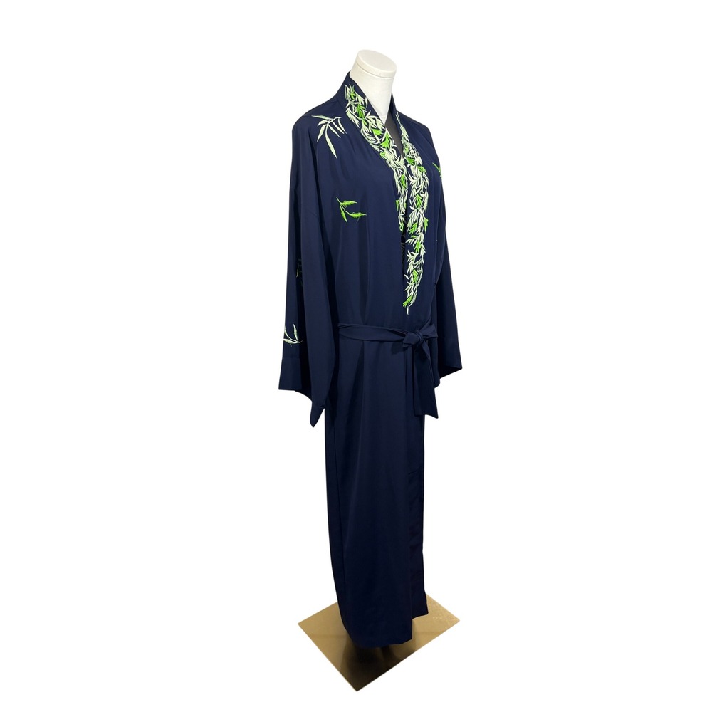 Natori Navy Blue Embroidered Leaf Long Robe Kimono Wrap Belted Medium M